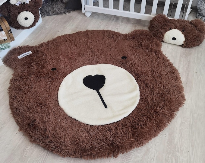 Bear Nursery Rug - Personalized Woodland Animal Rug, Soft Faux Fur Baby Boy Gift