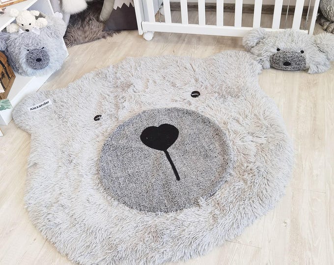 Gray Bear Nursery Rug - Soft Shaggy Minky Playmat for Baby Room Floor Decor