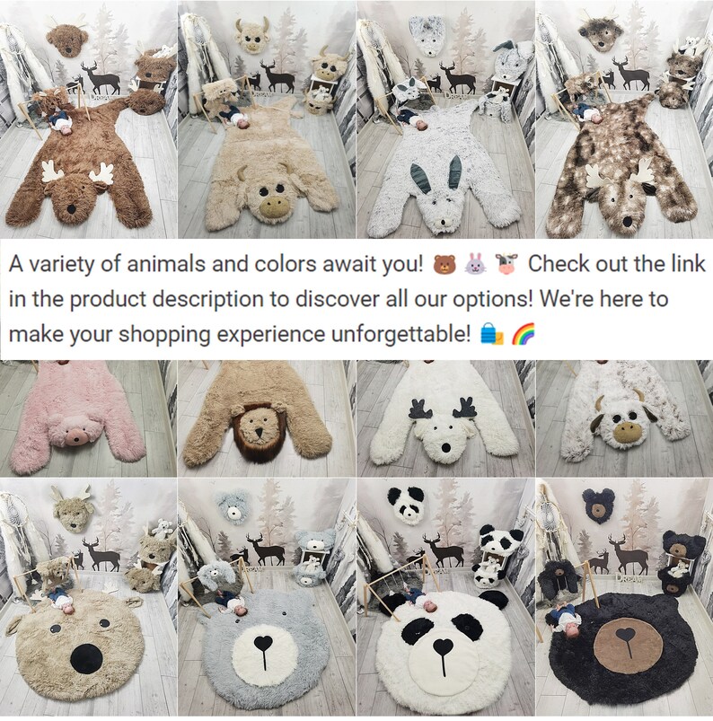 Explore a delightful array of plush animal rugs and pillows available in our shop, including bears, cows, and bunnies, perfect for adding a touch of whimsy and comfort to any child’s nursery or playroom.