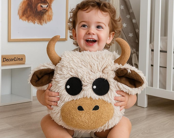Highland Cow Pillow - Personalized Kids Cushion, Soft Shaggy Fleece Nursery