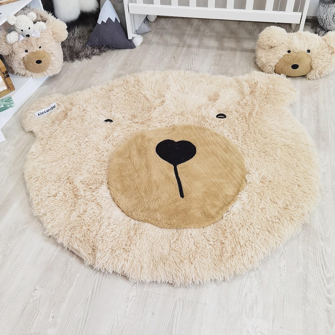 Babay Rugs Boy Nursery Rug for Baby - Beige Bear Play Mat, Woodland Room Decor - Etsy