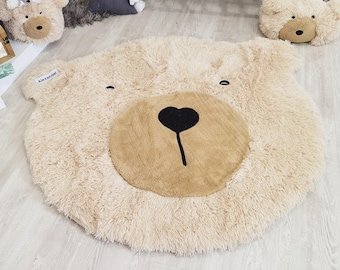 Boy Nursery Rug for Baby - Beige Bear Play Mat, Woodland Room Decor