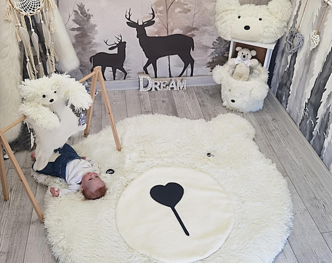 White Bear Nursery Rug - Round Fluffy Play Mat for Baby Room, Personalized Woodland Decor