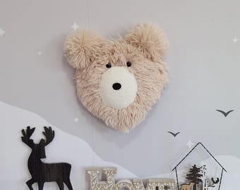 Bear Head Wall Mount, Plush Nursery Decor - Woodland Baby Boy Shower Gift