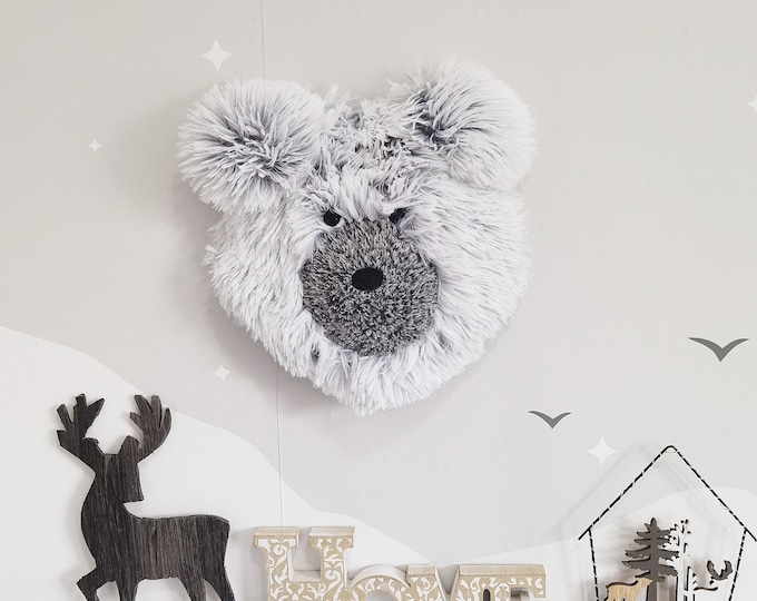 Faux Animal Head Wall Mount - Bear Nursery Decor - Faux Fur Plush Toy, Pictured Rug- 45"