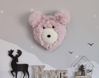 Pink Bear Head Wall Decor - Faux Fur Animal Mount for Baby Girl Nursery Room