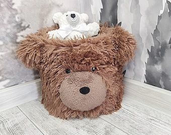Personalized Minky Bear Toy Storage Basket: Handmade Nursery Organizer