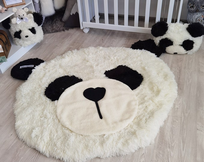 Custom Panda Bear Nursery Rug - Handmade Plush Playmat for Kids, Personalized Baby Room Decor, Unique Child's Bedroom Plush Floor Mat