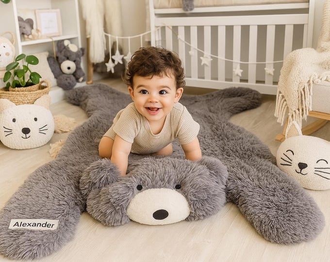Bear Nursery Rug - Handmade Teddy Bear Baby Gift, Woodland Nursery Decor