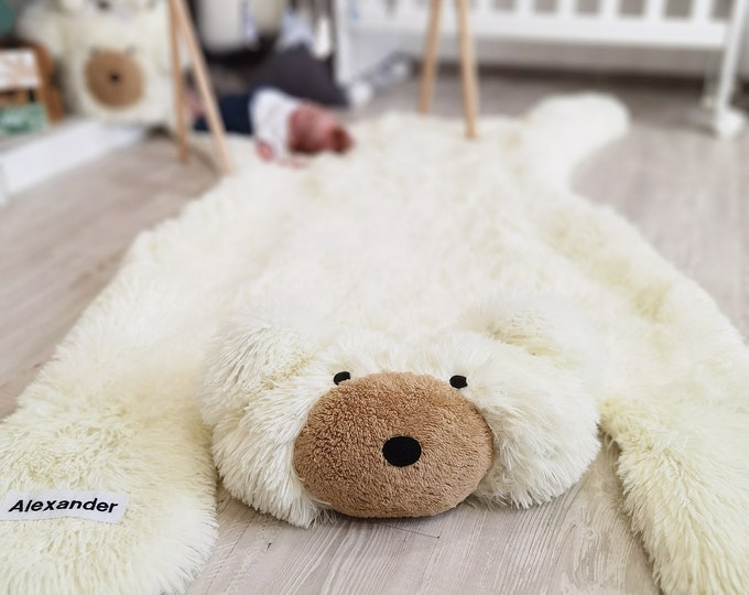 Woodland Bear Nursery Rug - Handmade Faux Fur Baby Bear Rug, Personalized Boy & Girl Nursery Decor, Baby Shower Gift