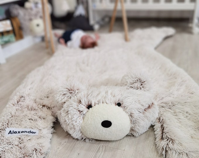Woodland Bear Nursery Rug - Soft, Customizable Adventure Decor for Baby Boy Nursery & Shower Gift