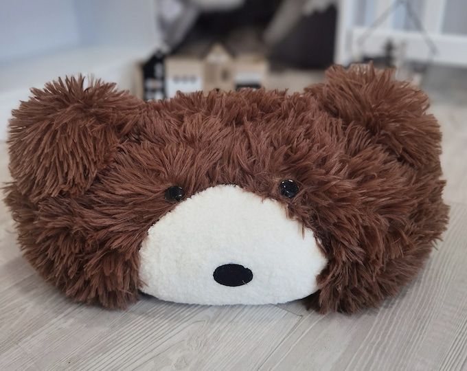 Brown Plush Bear Pillow - Soft Custom Nursery Cushion, Minky Fabric Snuggle Toy, Handmade Animal Decor, Cozy Toddler Gift