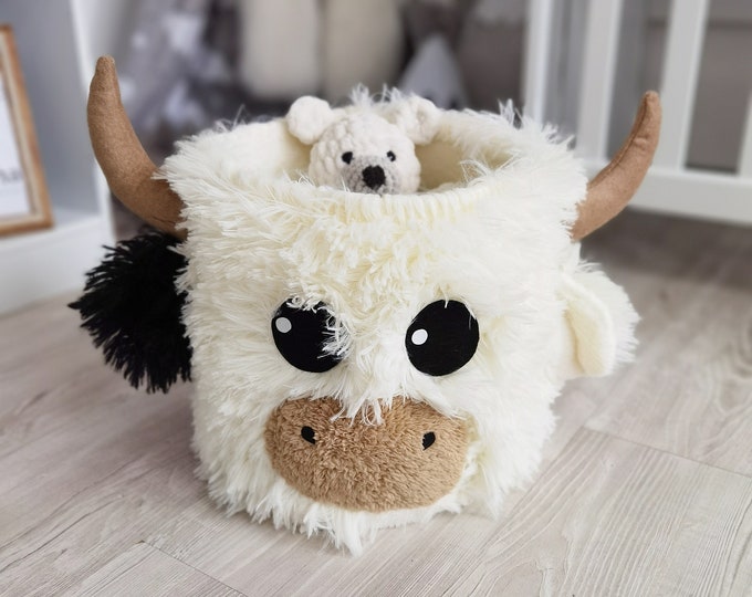 Highland Cow Nursery Basket - Baby Cow Storage Bin, Farm Animal Playroom Decor, Handmade Cow Basket for Nursery