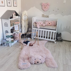 Pink Fluffy Woodland Bear Rug for Girl's Nursery - Personalized Baby ...
