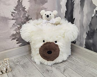 Bear Storage Basket - Fluffy White Nursery Organizer for Toys, Kids Room Decor Box