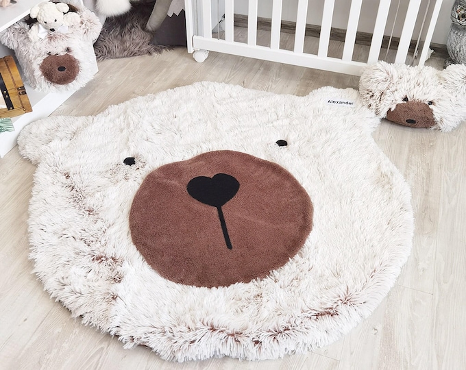 Bear Rug for Nursery - Round White Fluffy Bear Mat, Woodland Baby Room Decor, Soft Plush Playmat, Custom Name Available