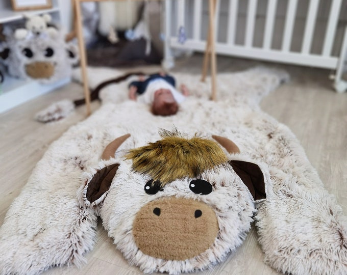 Handmade Highland Cow Nursery Rug - Personalized Plush Animal Playmat, Soft Shaggy Minky Rug for Baby Room Decor, Custom Keepsake