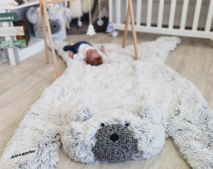 Handmade Woodland Bear Rug for Baby Nursery | Adventure Decor Nursery Rug | Unique Bear Baby Shower & Boy Nursery Gift