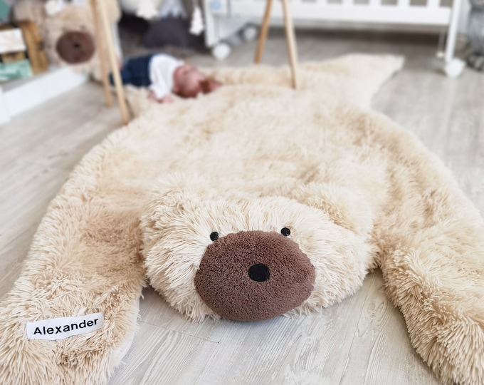 Bear Nursery Rug - Soft Minky Animal Rug for Boy's Room, Personalized Woodland Adventure Decor, Baby Shower Gift