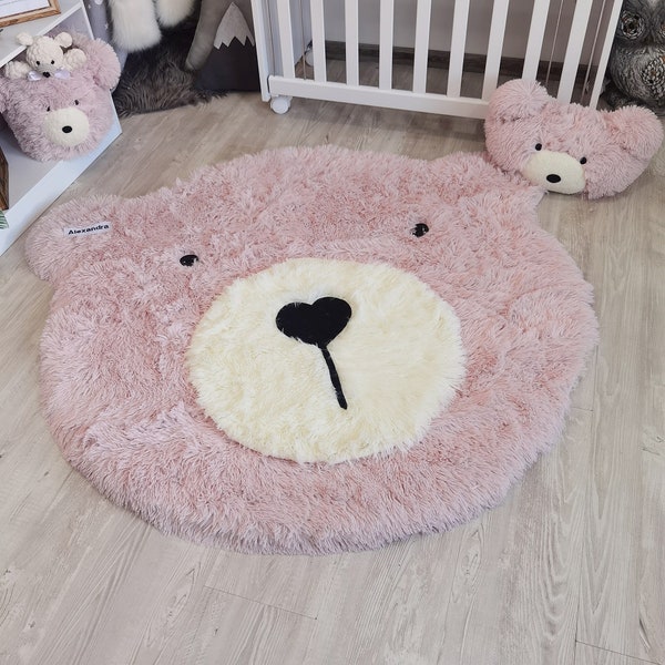 Girl's Pink Fluffy Bear Rug - Customizable Adventure Themed Nursery Decor, Soft Woodland Bear Mat for Baby Room