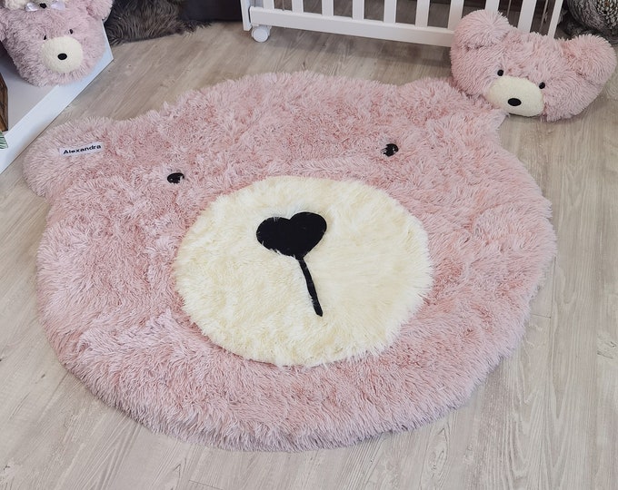 Girl's Pink Fluffy Bear Rug - Customizable Adventure Themed Nursery Decor, Soft Woodland Bear Mat for Baby Room