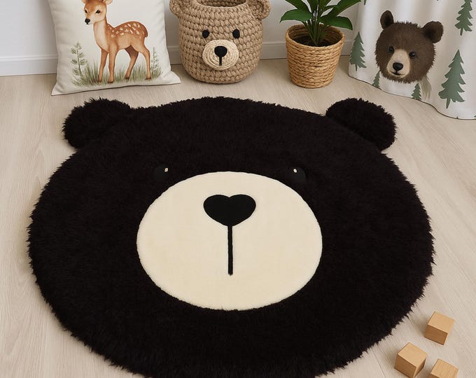 Bear Nursery Rug – Black and Cream Shaggy Minky Rug for Baby Room, Personalized Tummy Time Mat, Woodland Nursery Decor