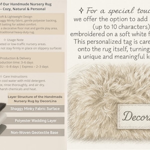 May include: A handmade nursery rug by DecorLina with a shaggy minky fabric surface. The rug has a soft, lightweight design with a polyester wadding layer and a non-woven geotextile base. The rug is designed for gentle play areas. The rug can be personalized.