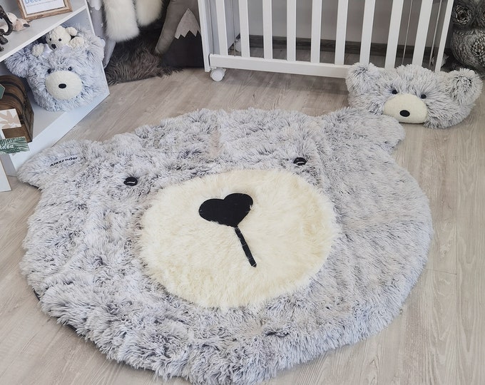 Personalized Fluffy Bear Rug - Woodland Nursery Decor for Adventure Theme, Cute Baby Room Rug, Perfect Baby Gift