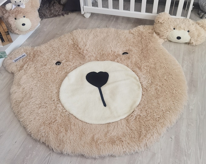 Woodland Bear Nursery Rug - Cute Fluffy Personalized Rug for Baby Boy Room, Adventure Theme Baby Gift