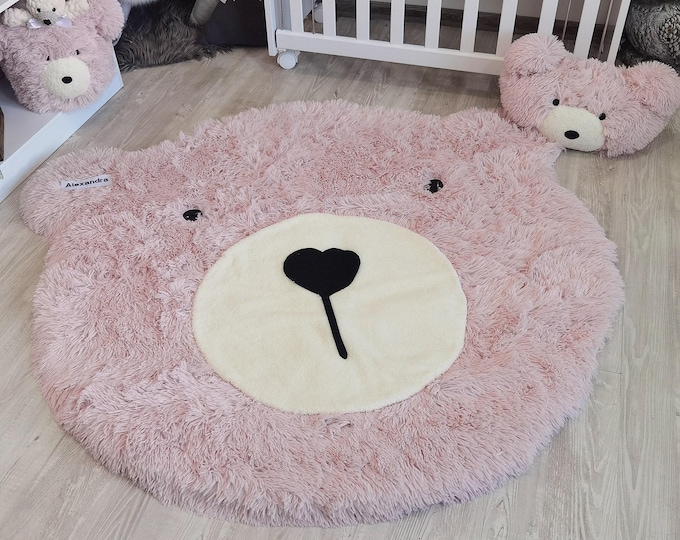 Pink Bear Nursery Rug - Soft Shaggy Baby Girl Room Decor, Personalized Gift