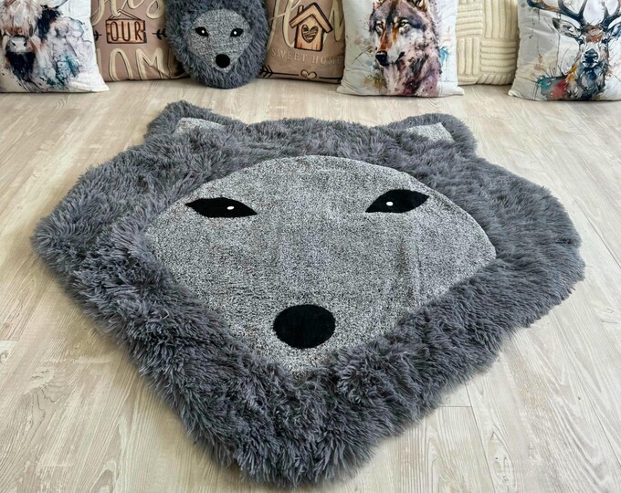 Dark Gray Wolf Rug - Soft Shaggy Play Mat for Kids, Plush Animal Nursery Carpet, Cozy Room Decor