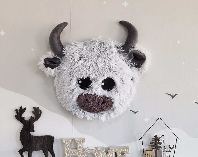 Soft Highland Cow Head: Nursery Wall Decor Plush, Pictured Rug-58" X 48"