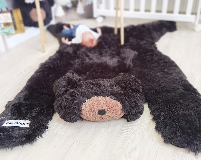 Personalized Fluffy Bear Rug for Woodland Nursery | Soft Minky Animal Rug | Adventure Boy Nursery Decor | Unique Baby Shower Gift