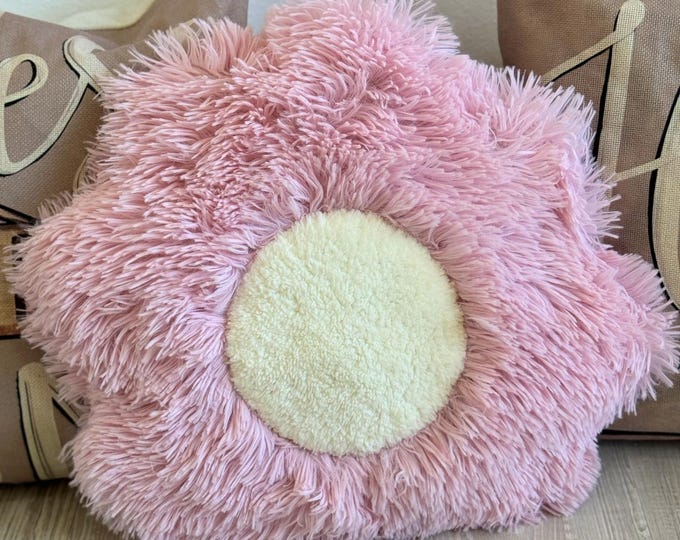 Soft Pink Plush Flower Pillow - Shaggy Minky Floral Cushion for Baby Nursery, Toddler Bed Decor, Cute Kids Room Accent, Pastel Baby Gift