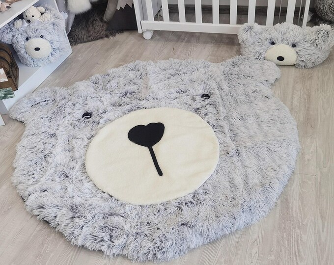 Grey Bear Nursery Rug - Soft Shaggy Baby Play Mat, Gender Neutral Woodland Decor, Personalized Gift