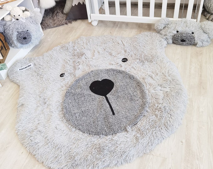 Customizable Bear Nursery Rug, Soft Shaggy Minky Playmat, Woodland Baby Room Decor, Personalized Teddy Rug, Kinderzimmer Floor Mat