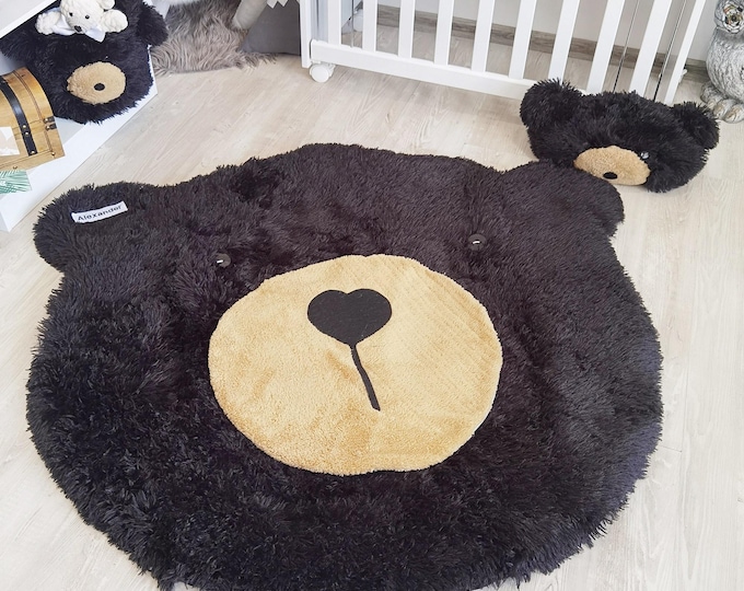 Black Bear Nursery Rug - Soft Plush Animal Playmat for Baby Room, Tummy Time