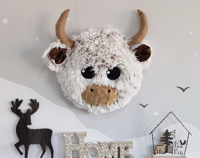Highland Cow Head Wall Mount - Plush Nursery Decor, Personalized Farm Animal, Faux Taxidermy, Unique Cow Room Decor, Custom Kids' Wall Art