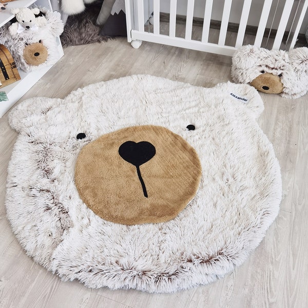 Custom Fluffy Bear Nursery Rug - Cute Woodland Decor for Baby Boy, Personalized Adventure Theme Rug, Ideal Baby Gift
