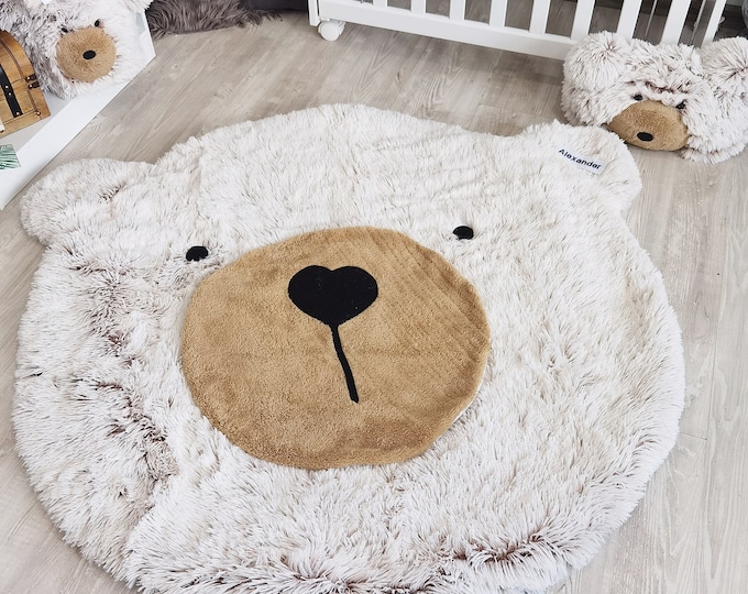 Custom Fluffy Bear Nursery Rug - Cute Woodland Decor for Baby Boy, Personalized Adventure Theme Rug, Ideal Baby Gift