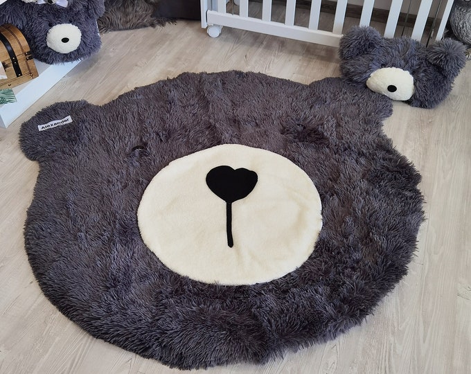 Personalized Dark Gray Bear Rug for Nursery - Shaggy Minky Bear Face Rug - Cozy Animal Playmat for Kids Room Decor, Custom Baby Gift