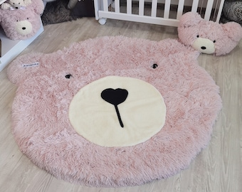 Alfombra de oso rosa para guardería de niña, decoración de bosque personalizada, suave y esponjosa, bonita alfombra de oso como regalo para bebé, tamaño personalizable