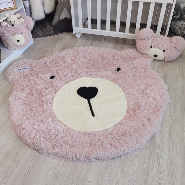 Baby Girl Nursery Pink Bear Rug - Soft Fluffy Personalized Woodland Decor, Cute Bear Mat as Baby Gift, Customizable Size