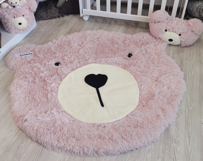 Baby Girl Nursery Pink Bear Rug - Soft Fluffy Personalized Woodland Decor, Cute Bear Mat as Baby Gift, Customizable Size