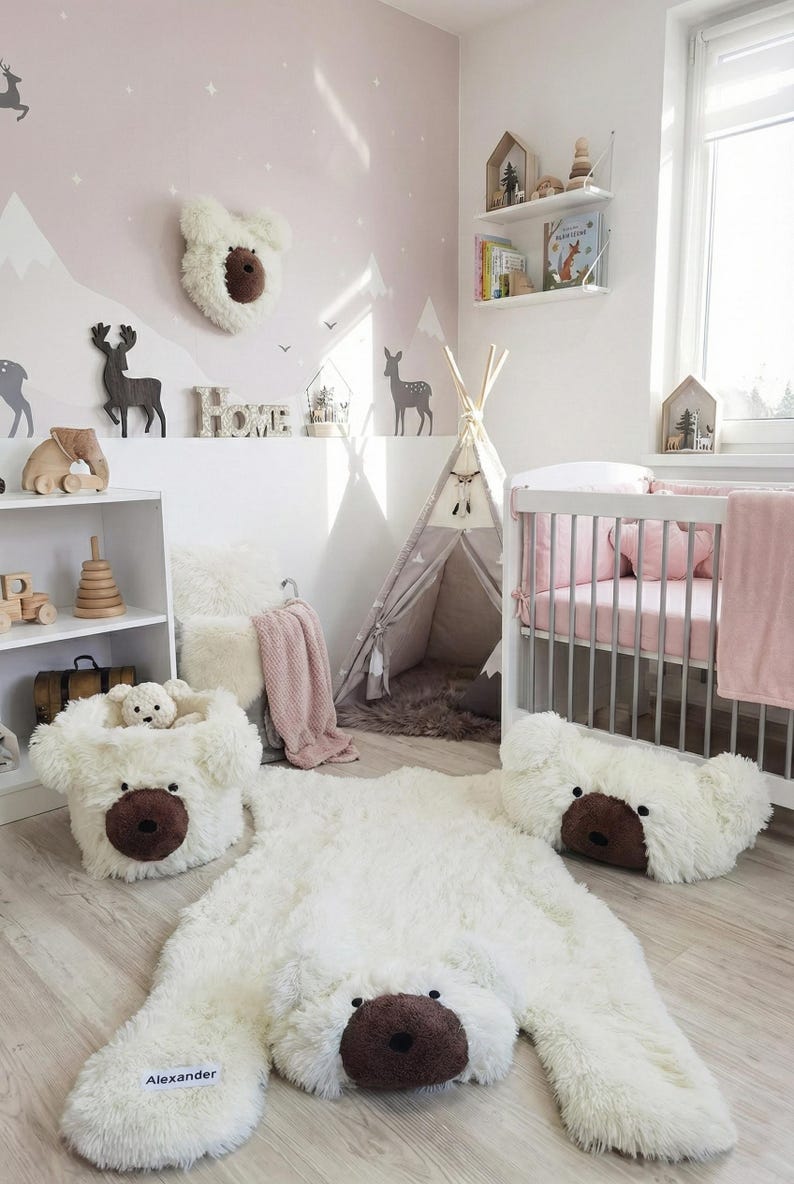 Alfombra de oso polar para la habitación del bebé - Alfombra de juego mullida, decoración personalizada con temática de bosque para bebés imagen 8