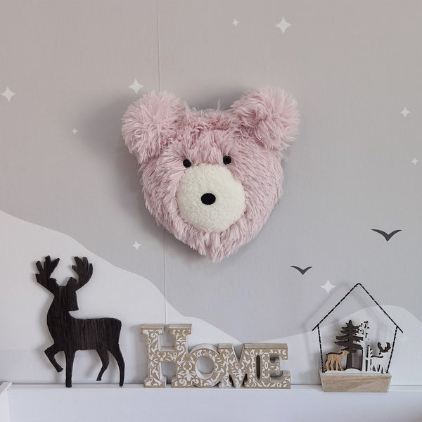 Support mural en peluche tête d'ours - décoration de chambre d'enfant en fausse fourrure - chambre de bébé fille, tapis sur la photo - 45"