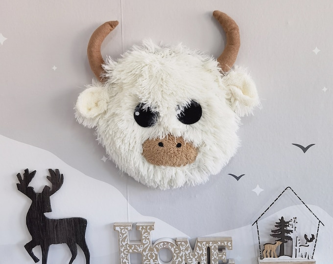 Highland Cow Wall Decor - Plush Farm Nursery Gift for Baby, Stuffed Animal Head Mount, Pictured Rug-58" X 48"