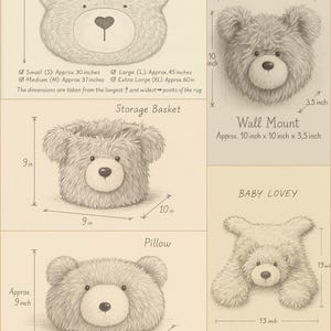 The image is a collage of four images depicting the dimensions of a bear rug, including a small bear rug, a medium bear rug, a large bear rug, and a wall mount.