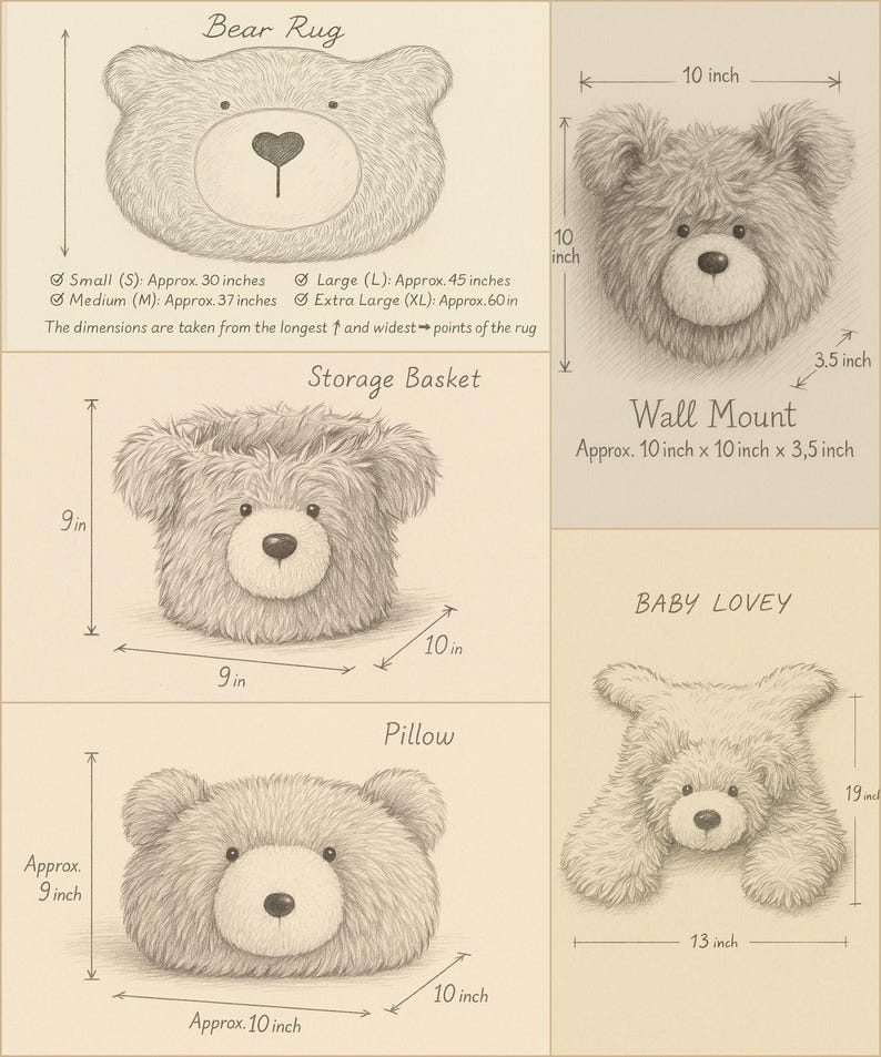 The image is a collage of four images depicting the dimensions of a bear rug, including a small bear rug, a medium bear rug, a large bear rug, and a wall mount.