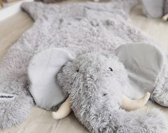 Personalized Elephant Plush Rug, Custom Nursery Animal Mat, Soft Baby Playmat, Grey Elephant Nursery Decor, Unique Child's Room Accessory